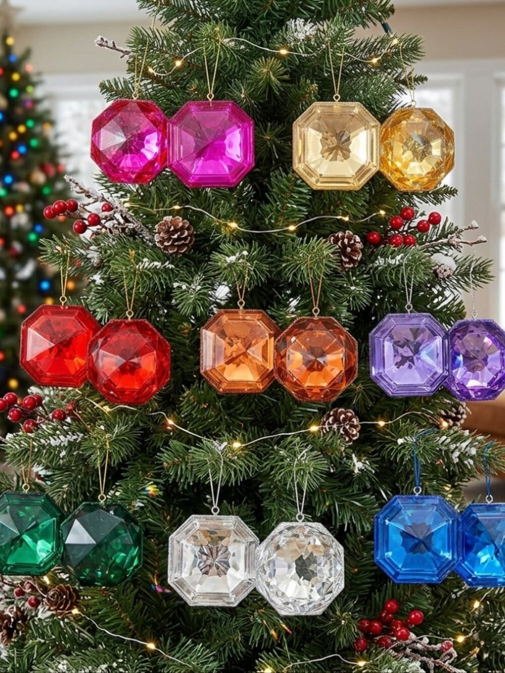 Set of 2 - 4" Octagon Gem Christmas Ornaments Faceted Acrylic Jewel Tree Decor